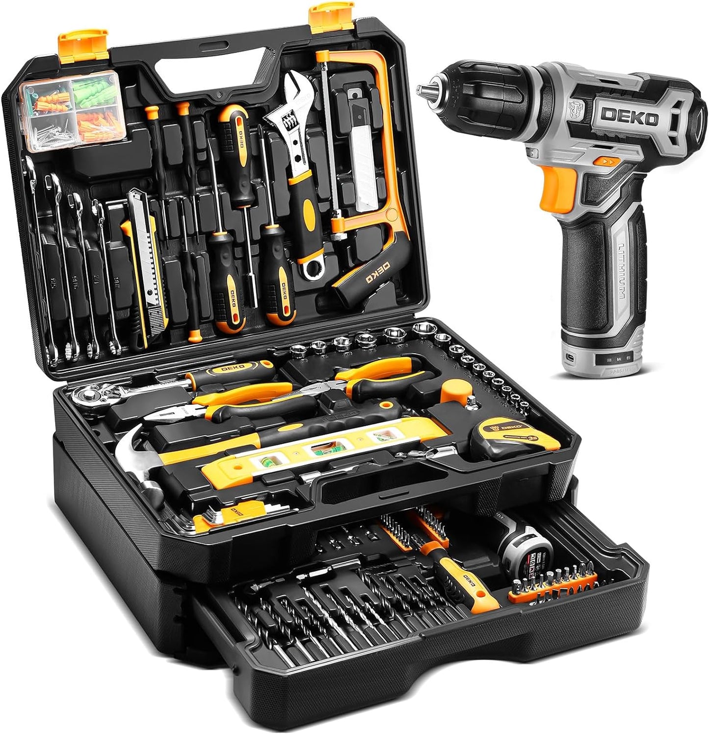 Tool Kit Box Drill Set： Home Mechanic Toolbox with 12V Power Cordless Drill Hand Repair Tools Sets Combo Kits Storage Organizer Drawer Case for Men