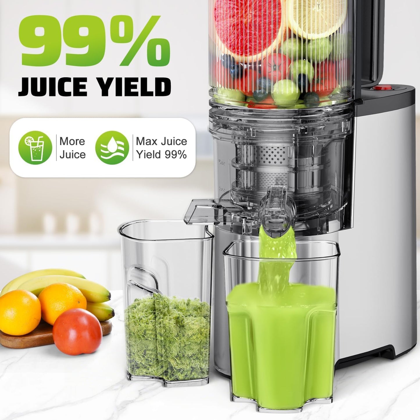 Cold Press Juicer, 5.8" Wide Feed Chute Juice Extractor Machine with 400W, High Juice Yield, Slow Masticating Juicer for Whole Vegetables & Fruits, Silver
