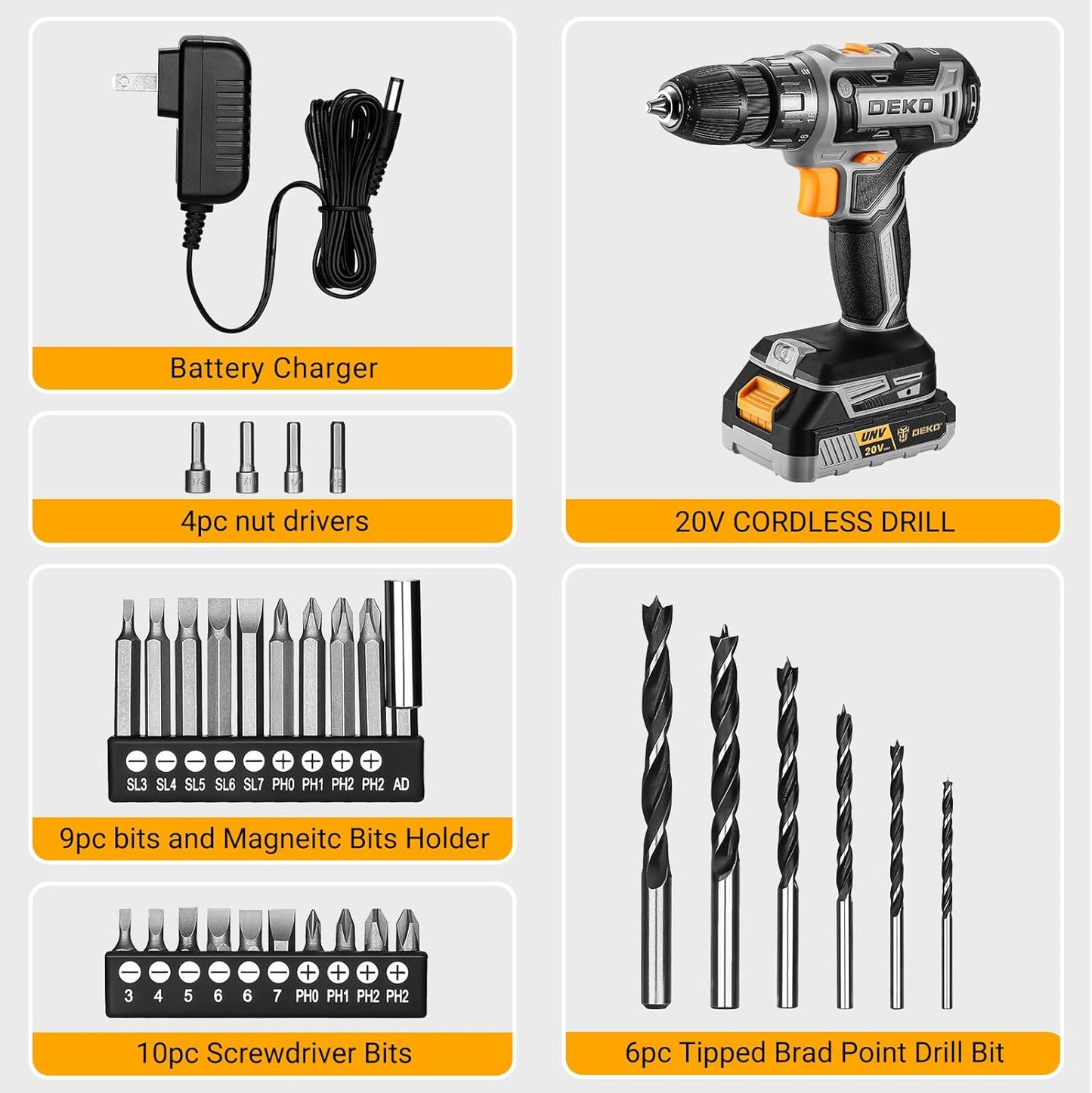 Power Drill Cordless:  Cordless Drill 20V Electric Power Drills Set Tool Drills Cord-Less Set with Battery and Charger