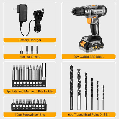 Power Drill Cordless:  Cordless Drill 20V Electric Power Drills Set Tool Drills Cord-Less Set with Battery and Charger