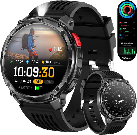 Mens Smart Watch for Android Phones and Iphone,Military Sport Smart Watches for Men Fitness Tracker Watch with Flashlight/Compass/Waterproof/100 Days Battery/Heart Rate/Sleep/100+ Sport Modes