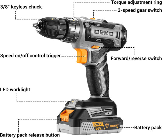 Power Drill Cordless:  Cordless Drill 20V Electric Power Drills Set Tool Drills Cord-Less Set with Battery and Charger