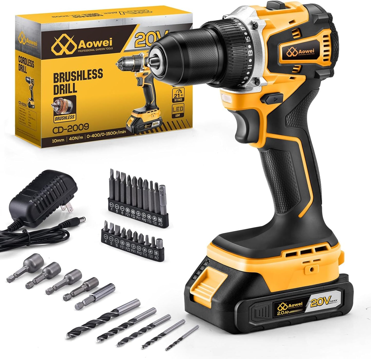 20V Brushless Cordless Drill/Driver, Compact Power Drill Set, Yellow Rechargeable Lithium-Ion Drill Kit, Including 2.0Ah Battery, Charger and 3/8-Inch Keyless Chuck