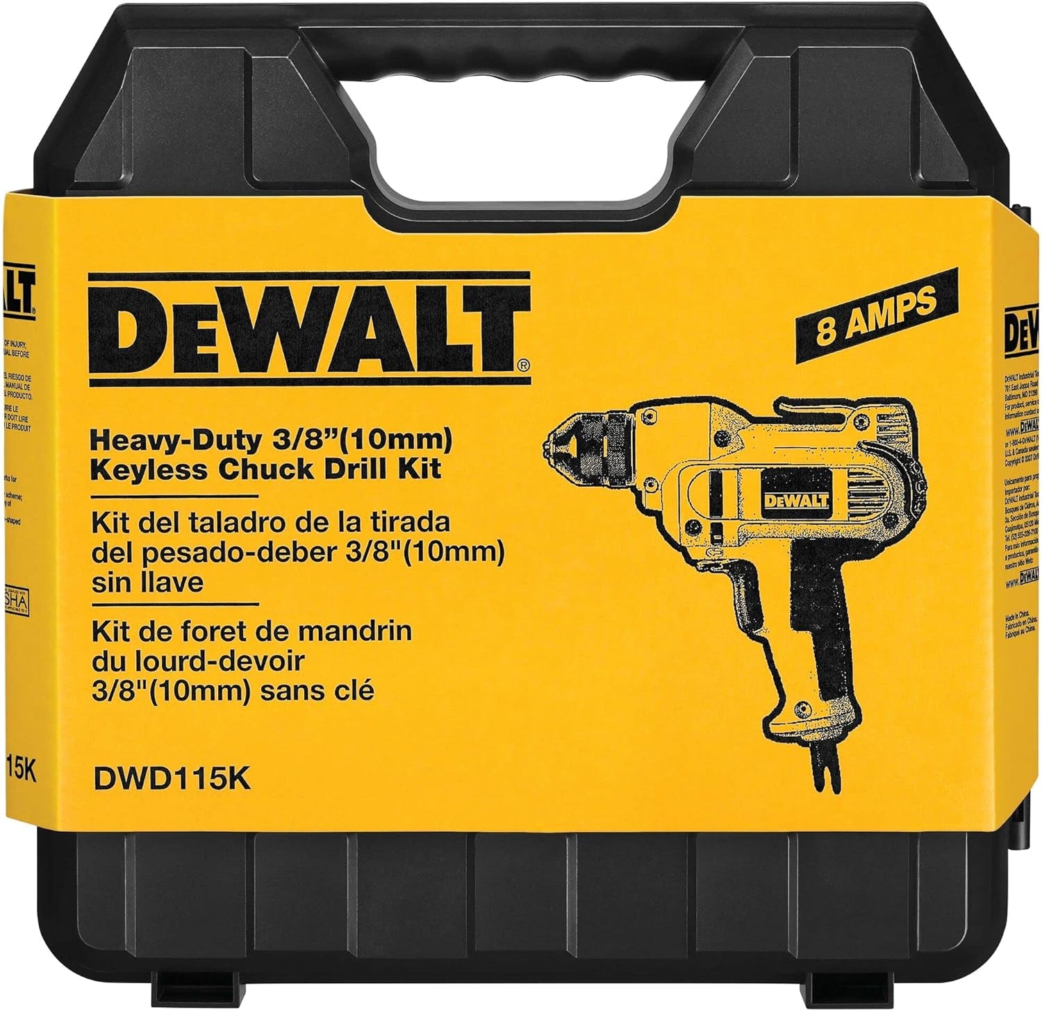 DEWALT Drill, 8.0-Amp, 3/8-Inch, Variable Speed Trigger, Mid-Handle Grip for Comfort, Corded (DWD115K )