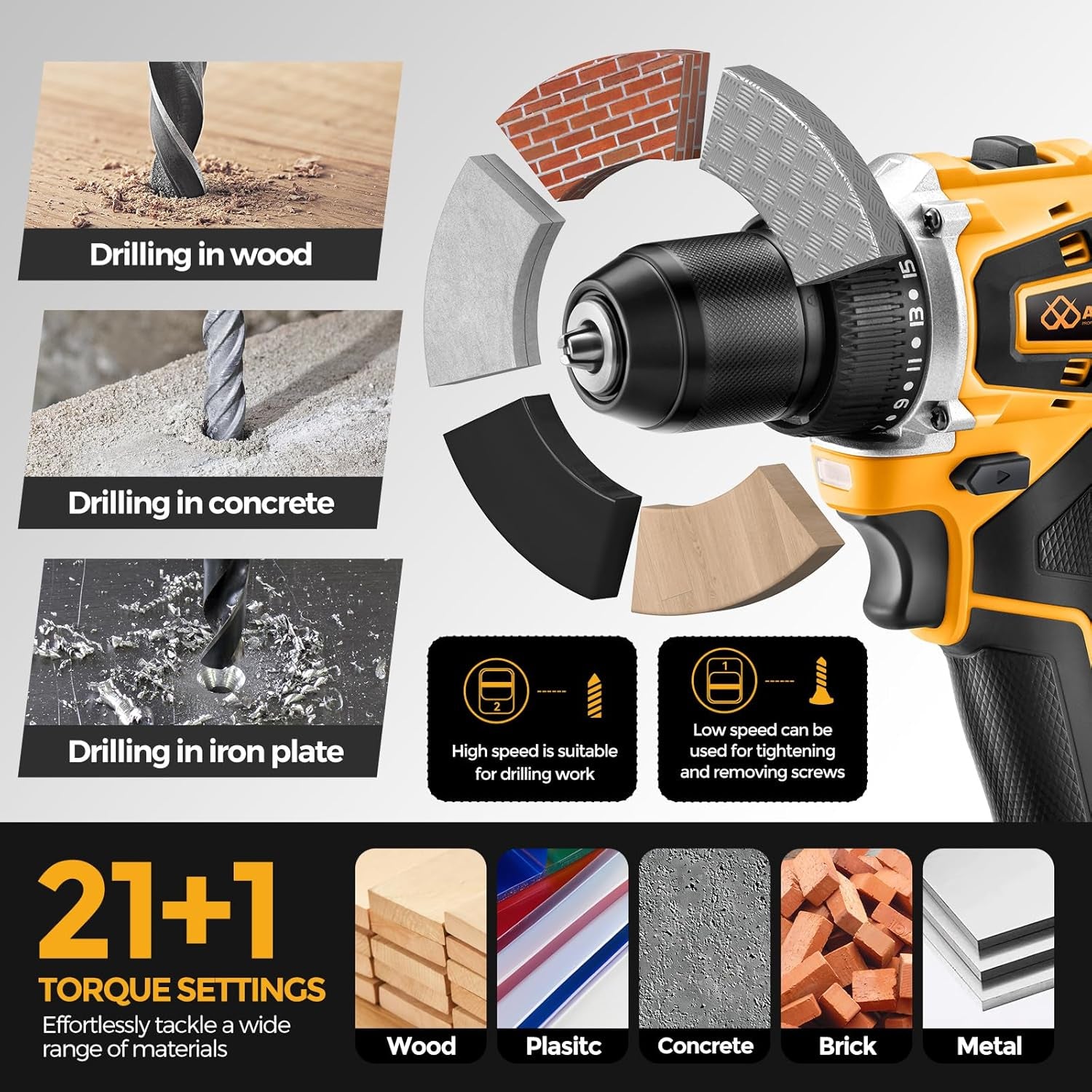 20V Brushless Cordless Drill/Driver, Compact Power Drill Set, Yellow Rechargeable Lithium-Ion Drill Kit, Including 2.0Ah Battery, Charger and 3/8-Inch Keyless Chuck