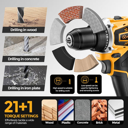 20V Brushless Cordless Drill/Driver, Compact Power Drill Set, Yellow Rechargeable Lithium-Ion Drill Kit, Including 2.0Ah Battery, Charger and 3/8-Inch Keyless Chuck