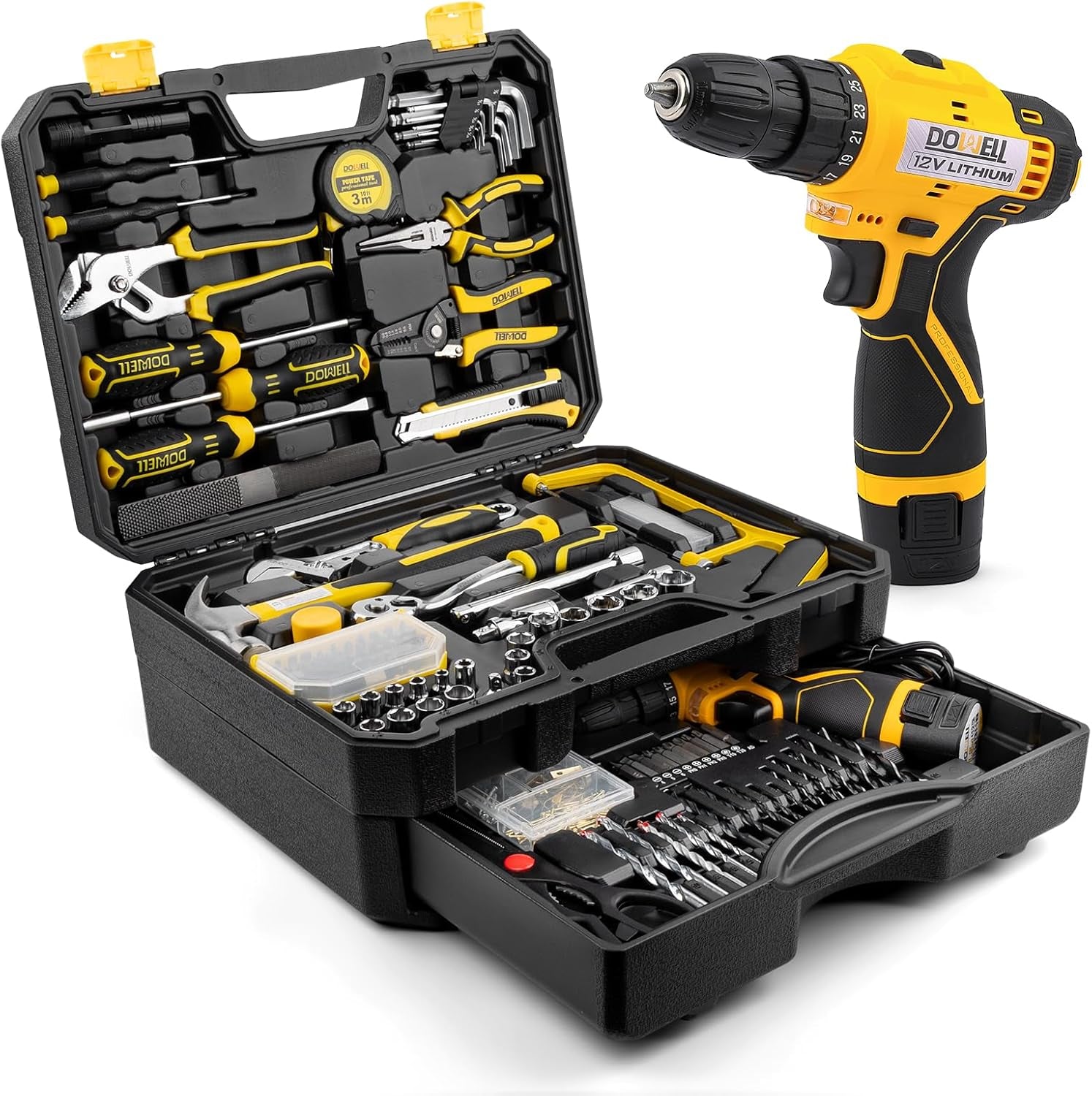223-Piece Power Drill Tool Set, 12V Cordless Drill Driver Kit with Drawer Toolbox, Socket & Bit Set, Hex Keys, Wrench for Home Renovation, DIY Projects & Garage Use