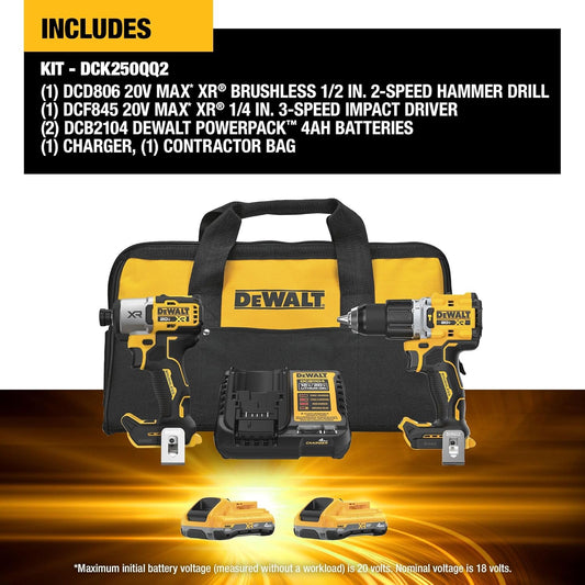 DEWALT 20V MAX XR Impact Driver and Hammer Drill Cordless Power Tool Combo Kit, Includes 2 X 4Ah POWERPACK Batteries and a Charger (DCK250QQ2)