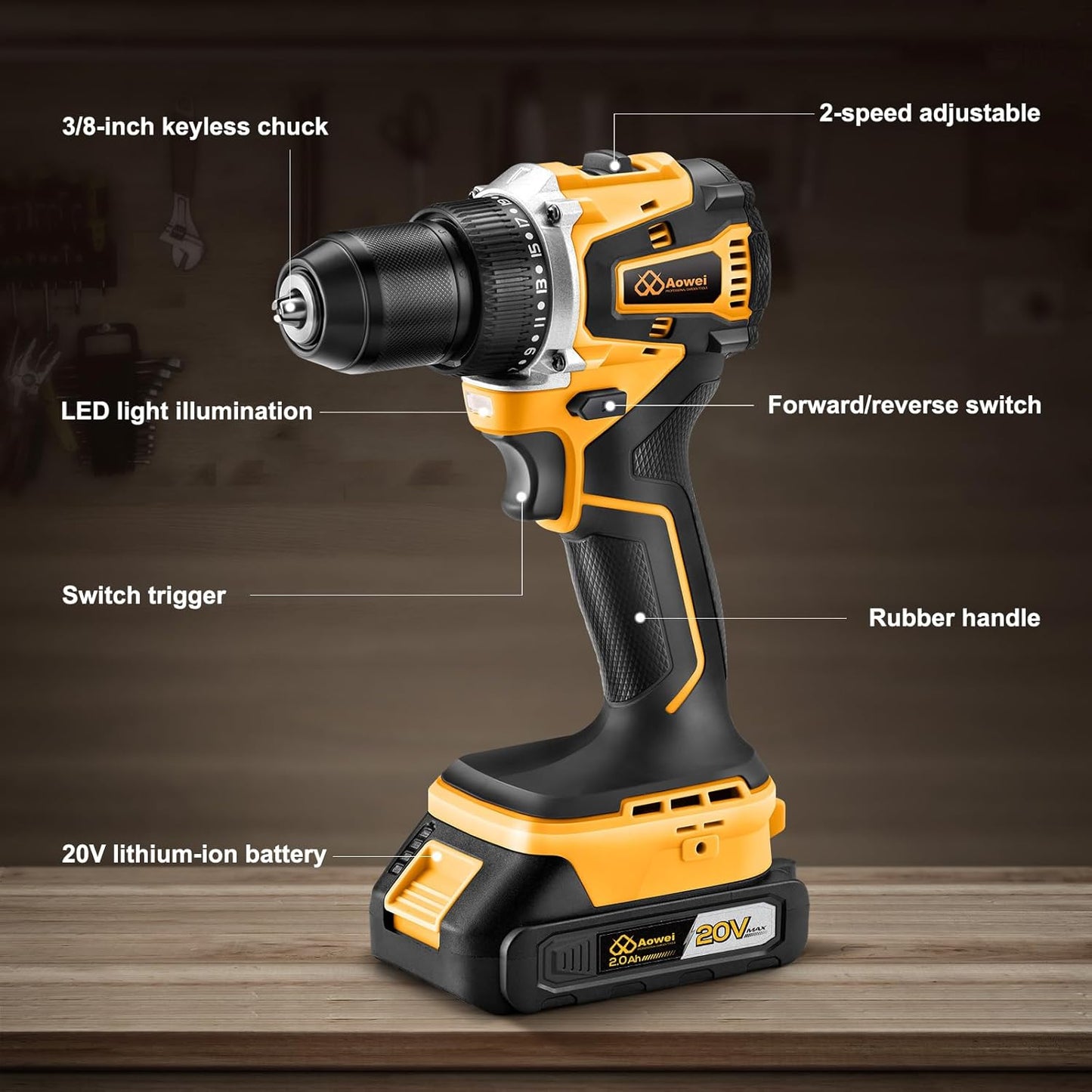 20V Brushless Cordless Drill/Driver, Compact Power Drill Set, Yellow Rechargeable Lithium-Ion Drill Kit, Including 2.0Ah Battery, Charger and 3/8-Inch Keyless Chuck