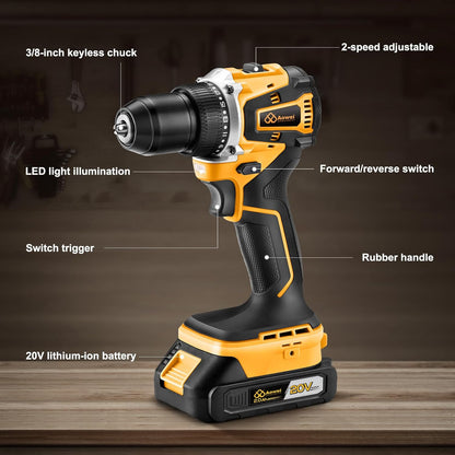 20V Brushless Cordless Drill/Driver, Compact Power Drill Set, Yellow Rechargeable Lithium-Ion Drill Kit, Including 2.0Ah Battery, Charger and 3/8-Inch Keyless Chuck
