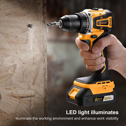 20V Brushless Cordless Drill/Driver, Compact Power Drill Set, Yellow Rechargeable Lithium-Ion Drill Kit, Including 2.0Ah Battery, Charger and 3/8-Inch Keyless Chuck