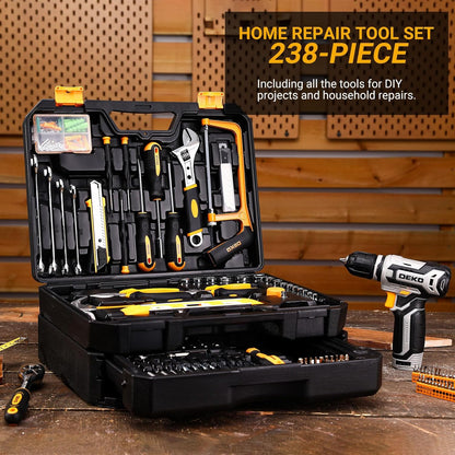 Tool Kit Box Drill Set： Home Mechanic Toolbox with 12V Power Cordless Drill Hand Repair Tools Sets Combo Kits Storage Organizer Drawer Case for Men