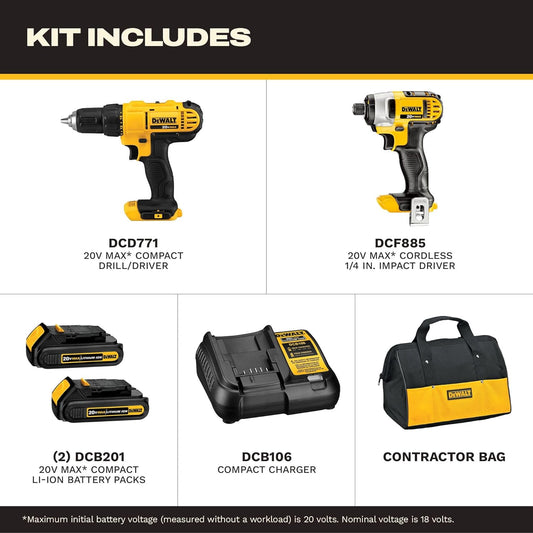 DEWALT 20V MAX Cordless Drill and Impact Driver, Power Tool Combo Kit , Includes 2 Batteries, Charger and Bag (DCK240C2)
