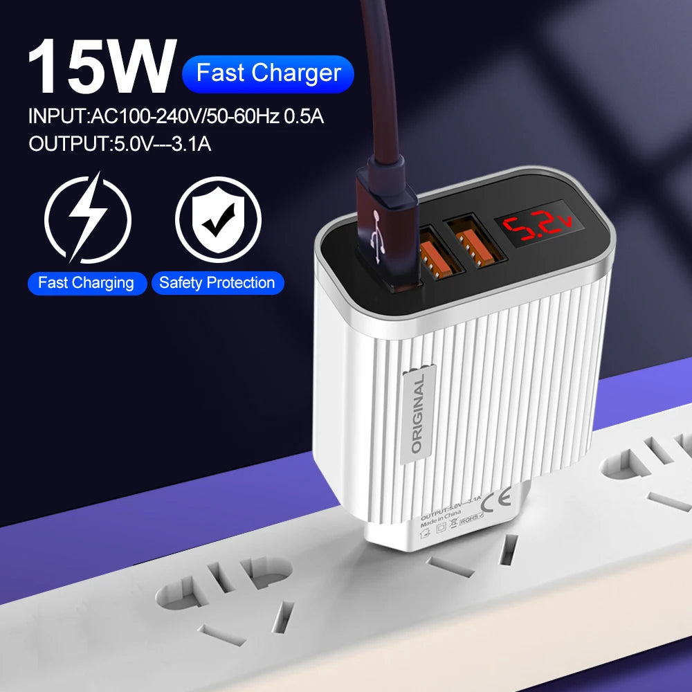 5V 3.1A 3 USB Charging Ports  Universal Wall For iPhone 12 Samsung Xiaomi Huawei Mobile Phone Chargers LED Display Fast Charger