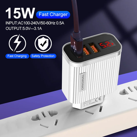 5V 3.1A 3 USB Charging Ports  Universal Wall For iPhone 12 Samsung Xiaomi Huawei Mobile Phone Chargers LED Display Fast Charger