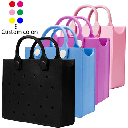 Custom Logo EVA Tote Bag Waterproof Washable Beach Bag for Women Wholesale Large Rubber Handbag with Holes DIY Charms Ready