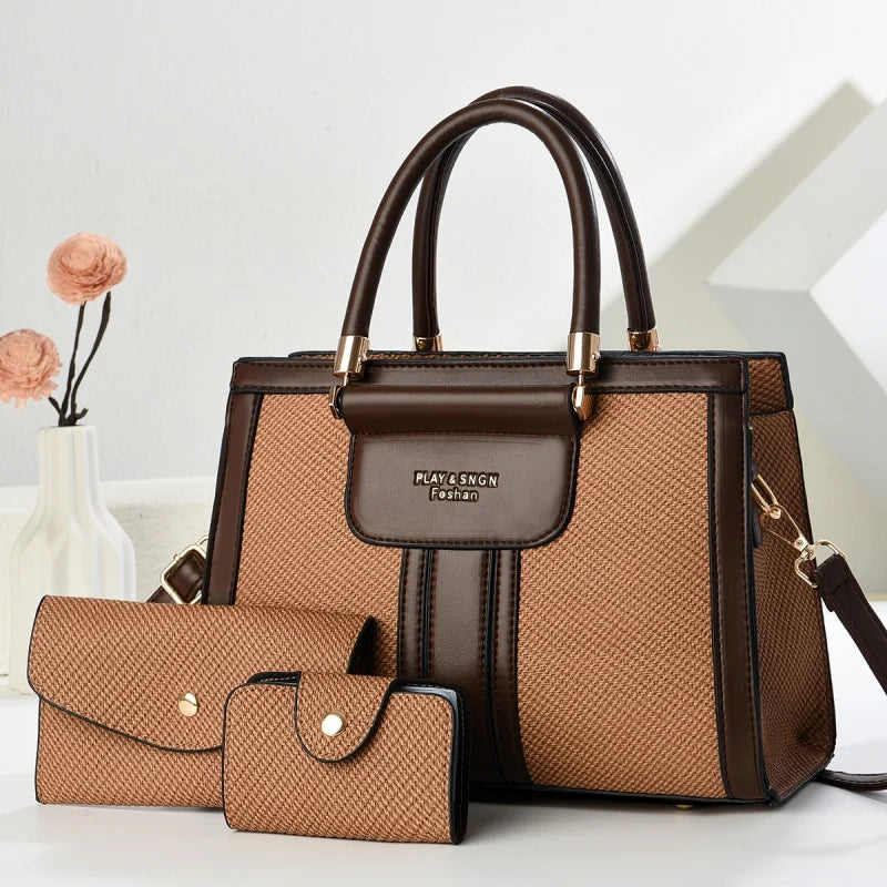 2025new Luxury Designer Women's 3-Piece PU Leather Handbags Wallet Set Shoulder Bags Nylon Zipper Closure