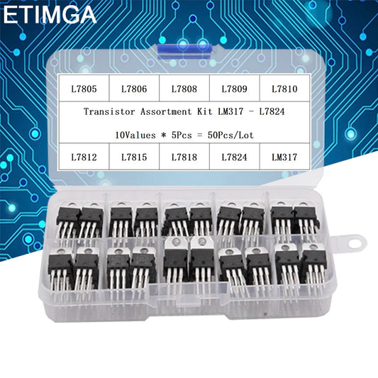 50PCS LM317T L7805 L7806 L7808 L7809 L7810 L7812 L7815 L7818 L7824 Transistor Assortment Kit Voltage Regulator Box  Each 5pcs