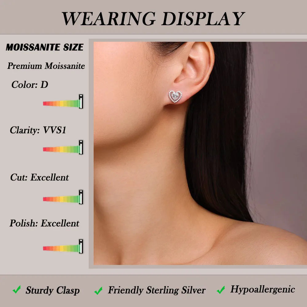 1.248CTW Heart Shaped Moissanite Stud Earrings 925 Sterling Silver with Halo Setting Romantic Jewelry for Women Perfect Gift