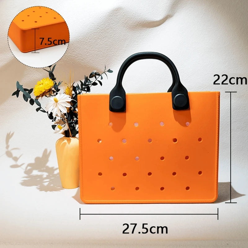 Custom Logo EVA Tote Bag Waterproof Washable Beach Bag for Women Wholesale Large Rubber Handbag with Holes DIY Charms Ready
