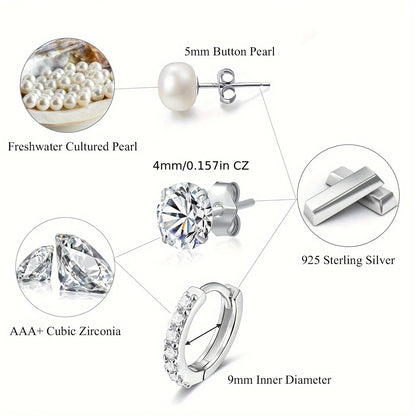 3Pairs Fine Jewelry Earings Set for Women 925 Sterling Silver CZ Freshwater Pearl Earrings Cartilage Studs Hoop Earring
