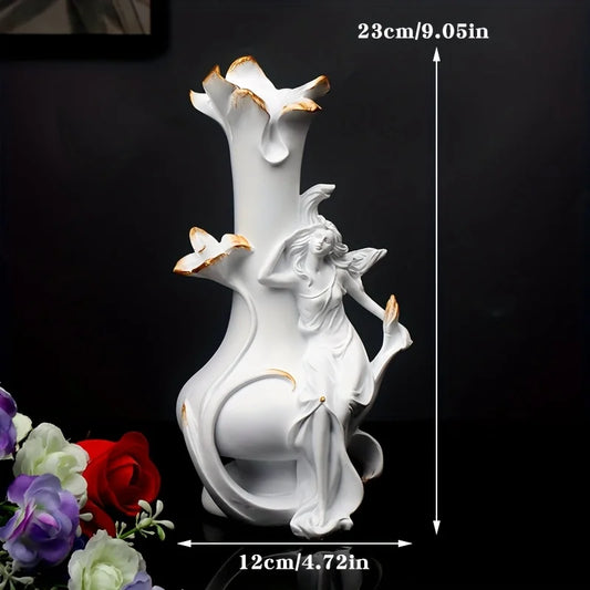 A Decorative Vase Featuring a Girl Sitting Sideways, Made of Resin with a Modern Design