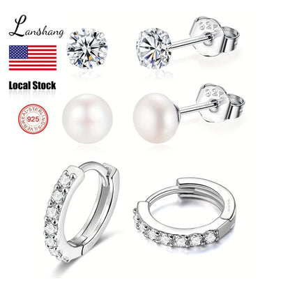 3Pairs Fine Jewelry Earings Set for Women 925 Sterling Silver CZ Freshwater Pearl Earrings Cartilage Studs Hoop Earring