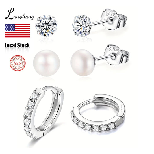 3Pairs Fine Jewelry Earings Set for Women 925 Sterling Silver CZ Freshwater Pearl Earrings Cartilage Studs Hoop Earring