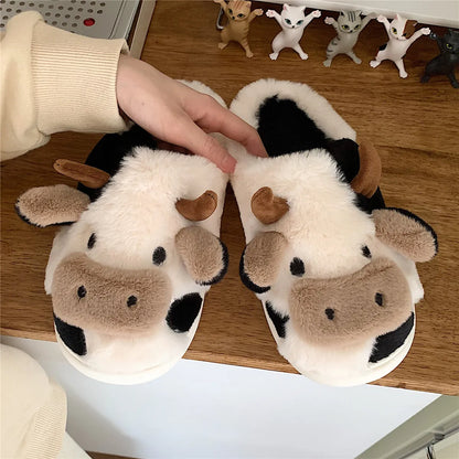 XIXITIAO Hot Sale Cute Warm Home Slippers for Women&Girls Soft Plush Non-Slip Sole Slides Cow Fuzzy Animal Winter Shoes