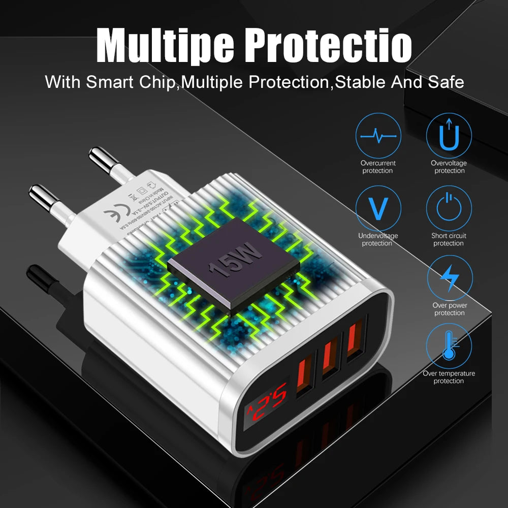 5V 3.1A 3 USB Charging Ports  Universal Wall For iPhone 12 Samsung Xiaomi Huawei Mobile Phone Chargers LED Display Fast Charger