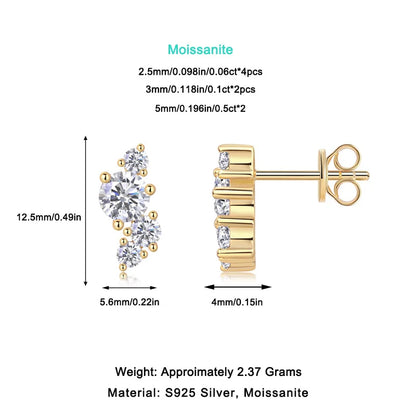 Mossanite 925 Sterling Silver Stud Earring Gold-Plated Moissanite Diamond Fine Jewelry for Men and Women