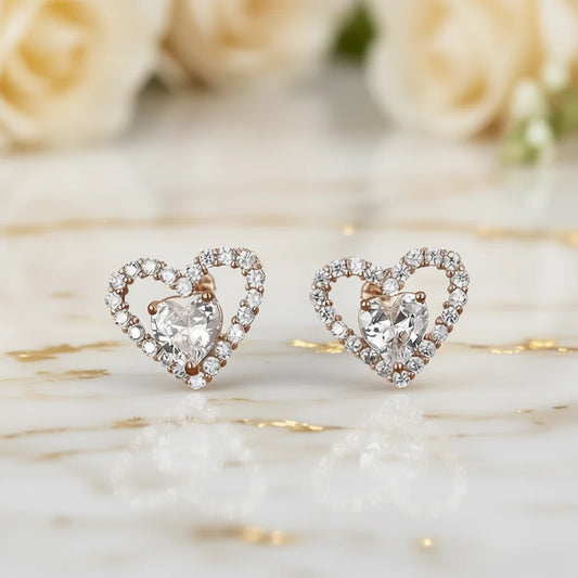 Rose Gold Heart Stud Earrings With Crystal Inlay For Women Everyday Wear