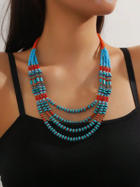 Bohemian Multi Layer Turquoise Red Beaded Rope Chain Handmade Ethnic Statement Choker Necklace Women Western Style Jewelry