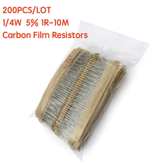 200PCS 1/4W Carbon Film Resistors 5% 1R-10M 10R 47R  56R 100R 220R 1K 4K7  6K8 100K 330K 560K 1M  ohm Color Ring Resistance