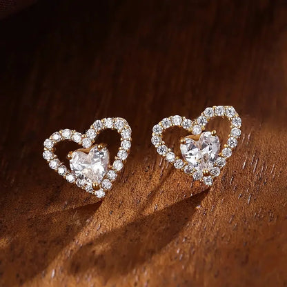 Rose Gold Heart Stud Earrings With Crystal Inlay For Women Everyday Wear