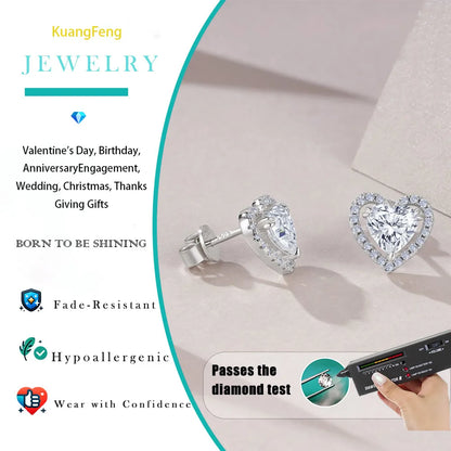 1.248CTW Heart Shaped Moissanite Stud Earrings 925 Sterling Silver with Halo Setting Romantic Jewelry for Women Perfect Gift
