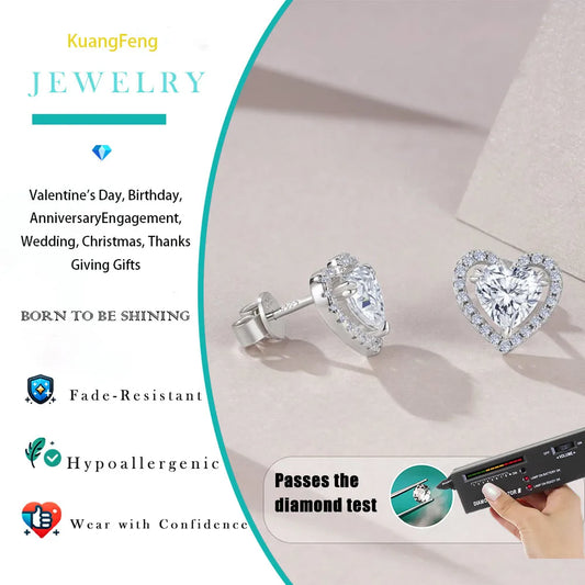 1.248CTW Heart Shaped Moissanite Stud Earrings 925 Sterling Silver with Halo Setting Romantic Jewelry for Women Perfect Gift