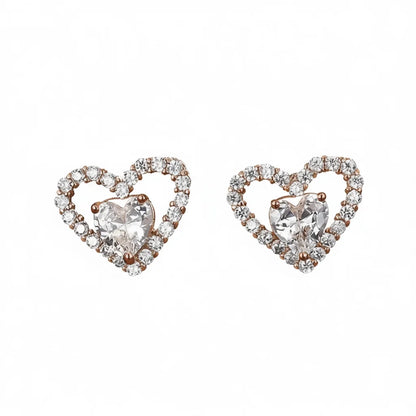 Rose Gold Heart Stud Earrings With Crystal Inlay For Women Everyday Wear