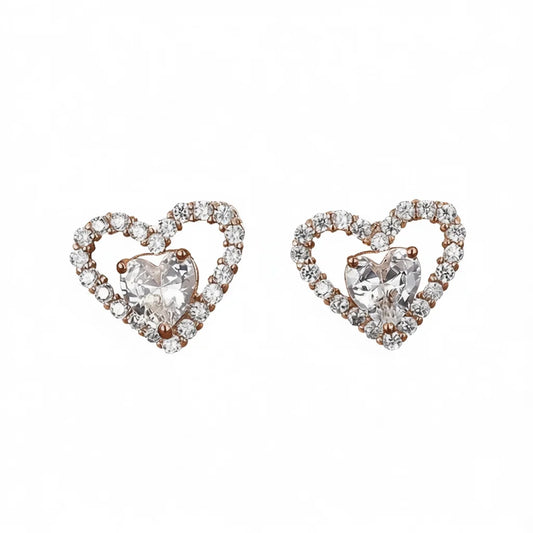 Rose Gold Heart Stud Earrings With Crystal Inlay For Women Everyday Wear