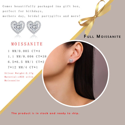 1.248CTW Heart Shaped Moissanite Stud Earrings 925 Sterling Silver with Halo Setting Romantic Jewelry for Women Perfect Gift