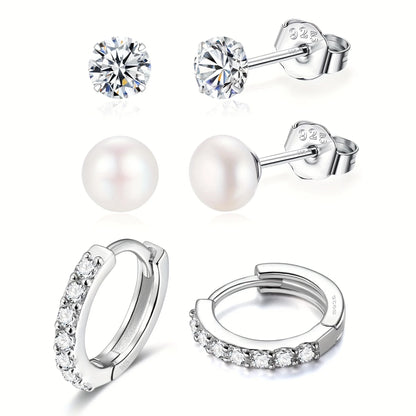 3Pairs Fine Jewelry Earings Set for Women 925 Sterling Silver CZ Freshwater Pearl Earrings Cartilage Studs Hoop Earring