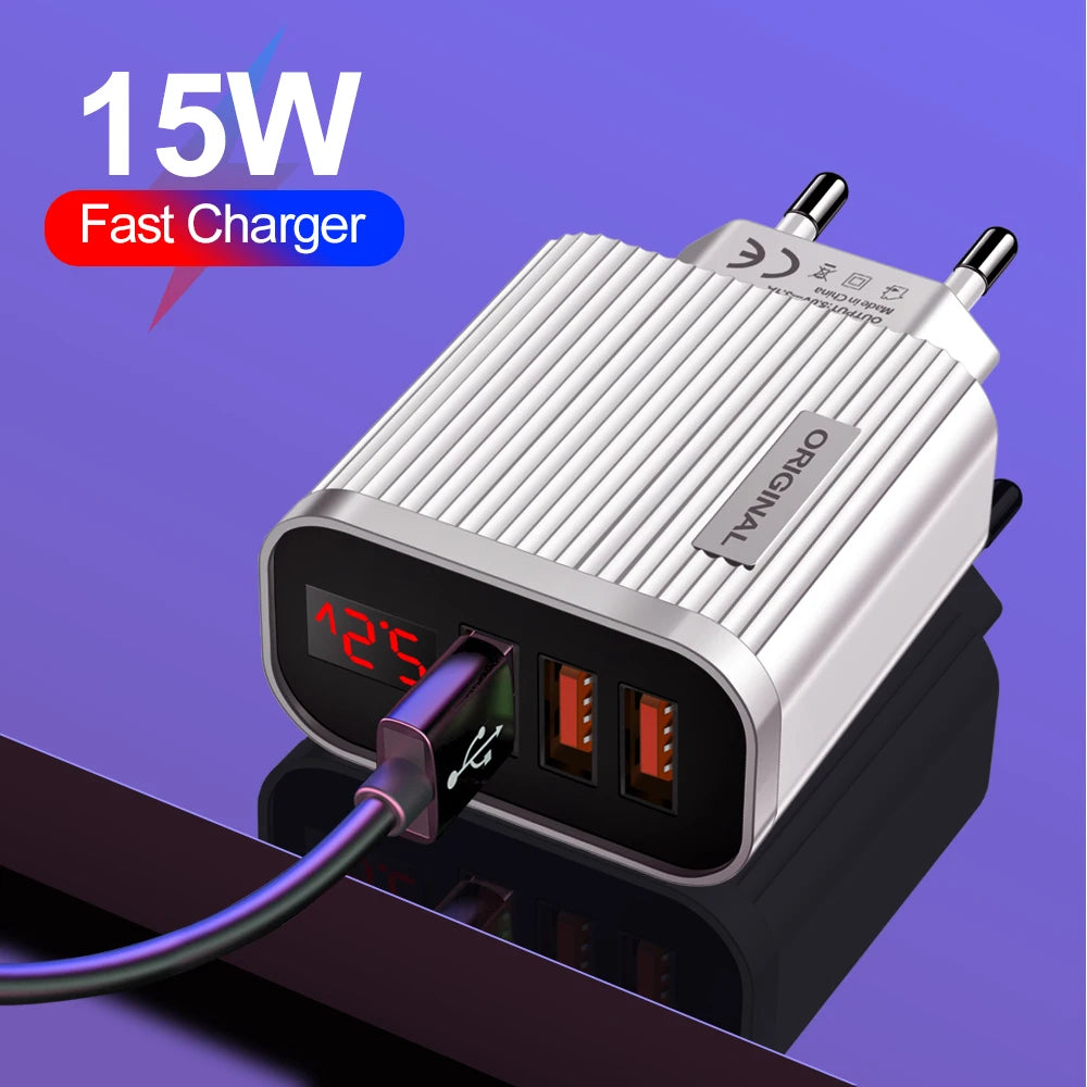 5V 3.1A 3 USB Charging Ports  Universal Wall For iPhone 12 Samsung Xiaomi Huawei Mobile Phone Chargers LED Display Fast Charger
