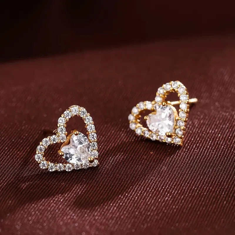 Rose Gold Heart Stud Earrings With Crystal Inlay For Women Everyday Wear