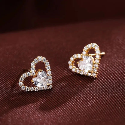 Rose Gold Heart Stud Earrings With Crystal Inlay For Women Everyday Wear