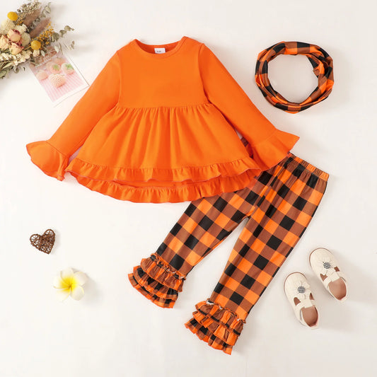 Catpapa Local Warehouse Halloween Girl 3pcs Autumn Clothing Sets for Girls Ruffle Long Plaid Pants Outfits with Stylish Dresses