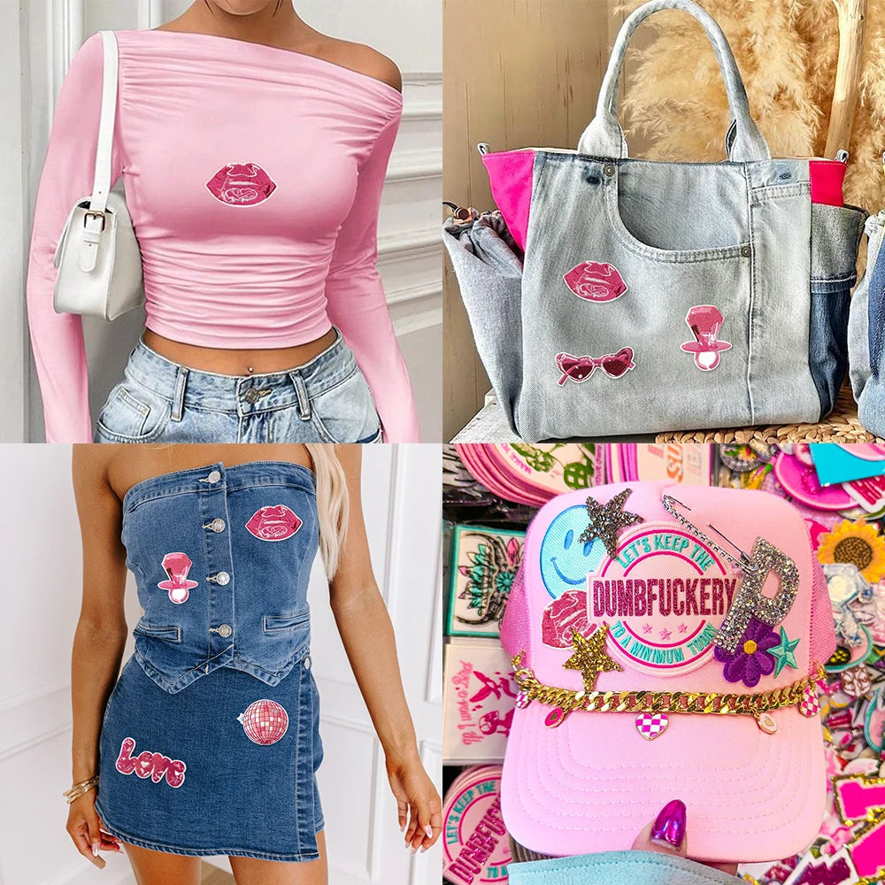15 Pcs Pink Embroidered Patches Set Trendy Iron on Cute Love Disco Bag Ring Butterfly Girl Style Patch for Jacket Backpack