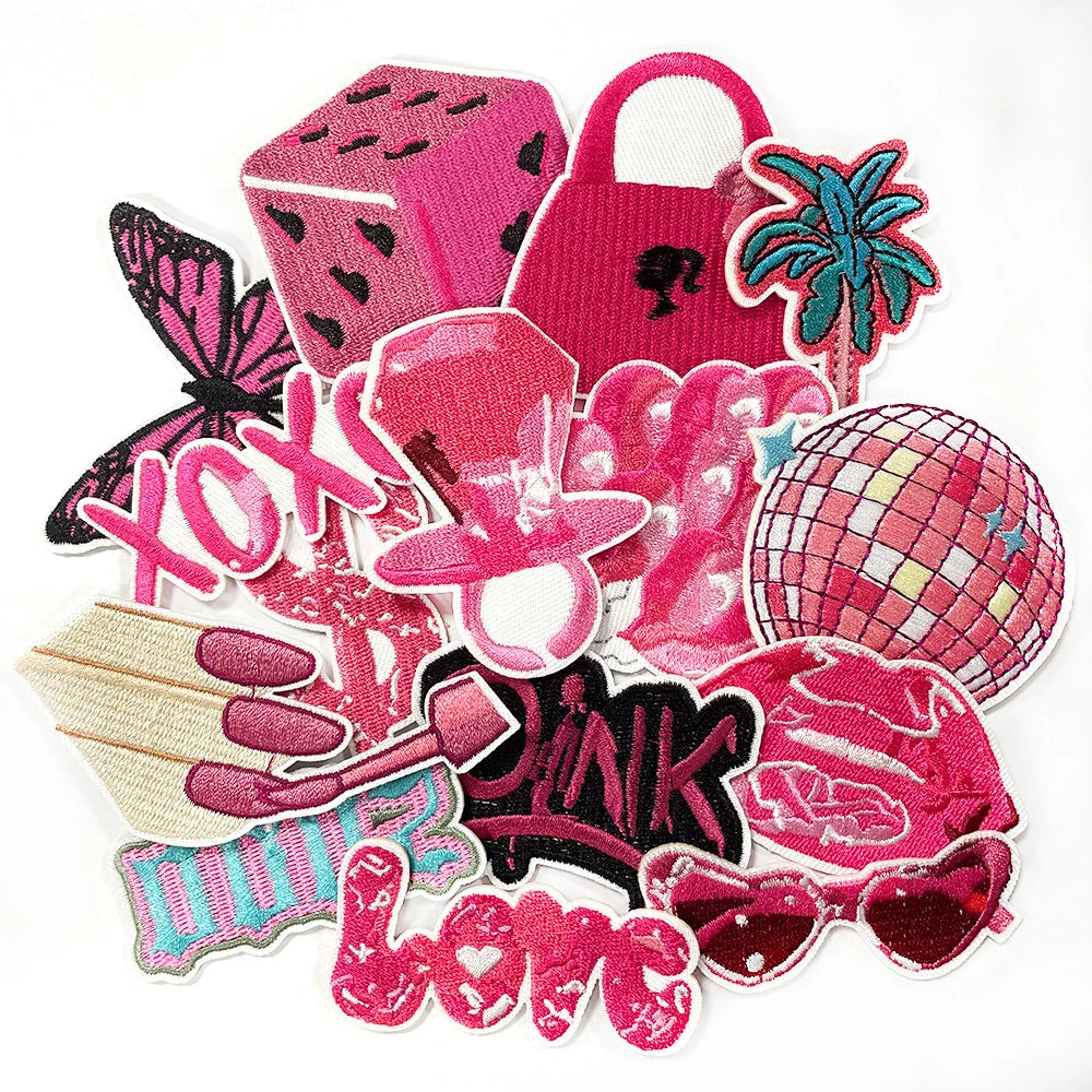 15 Pcs Pink Embroidered Patches Set Trendy Iron on Cute Love Disco Bag Ring Butterfly Girl Style Patch for Jacket Backpack
