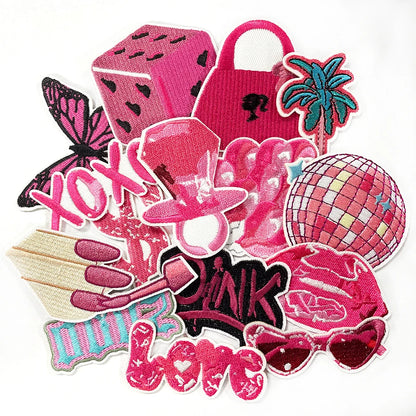 15 Pcs Pink Embroidered Patches Set Trendy Iron on Cute Love Disco Bag Ring Butterfly Girl Style Patch for Jacket Backpack