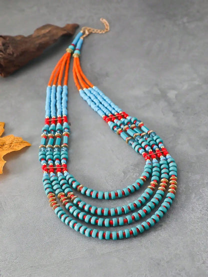 Bohemian Multi Layer Turquoise Red Beaded Rope Chain Handmade Ethnic Statement Choker Necklace Women Western Style Jewelry