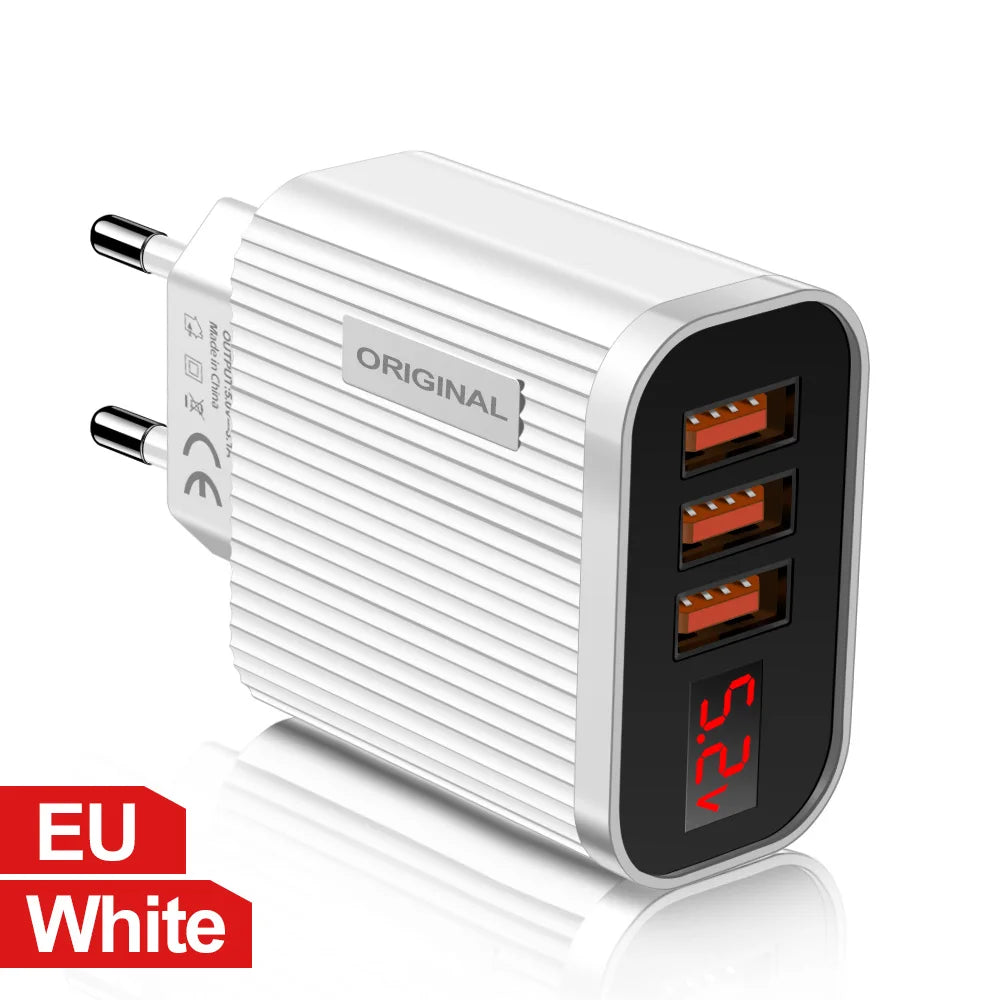 5V 3.1A 3 USB Charging Ports  Universal Wall For iPhone 12 Samsung Xiaomi Huawei Mobile Phone Chargers LED Display Fast Charger